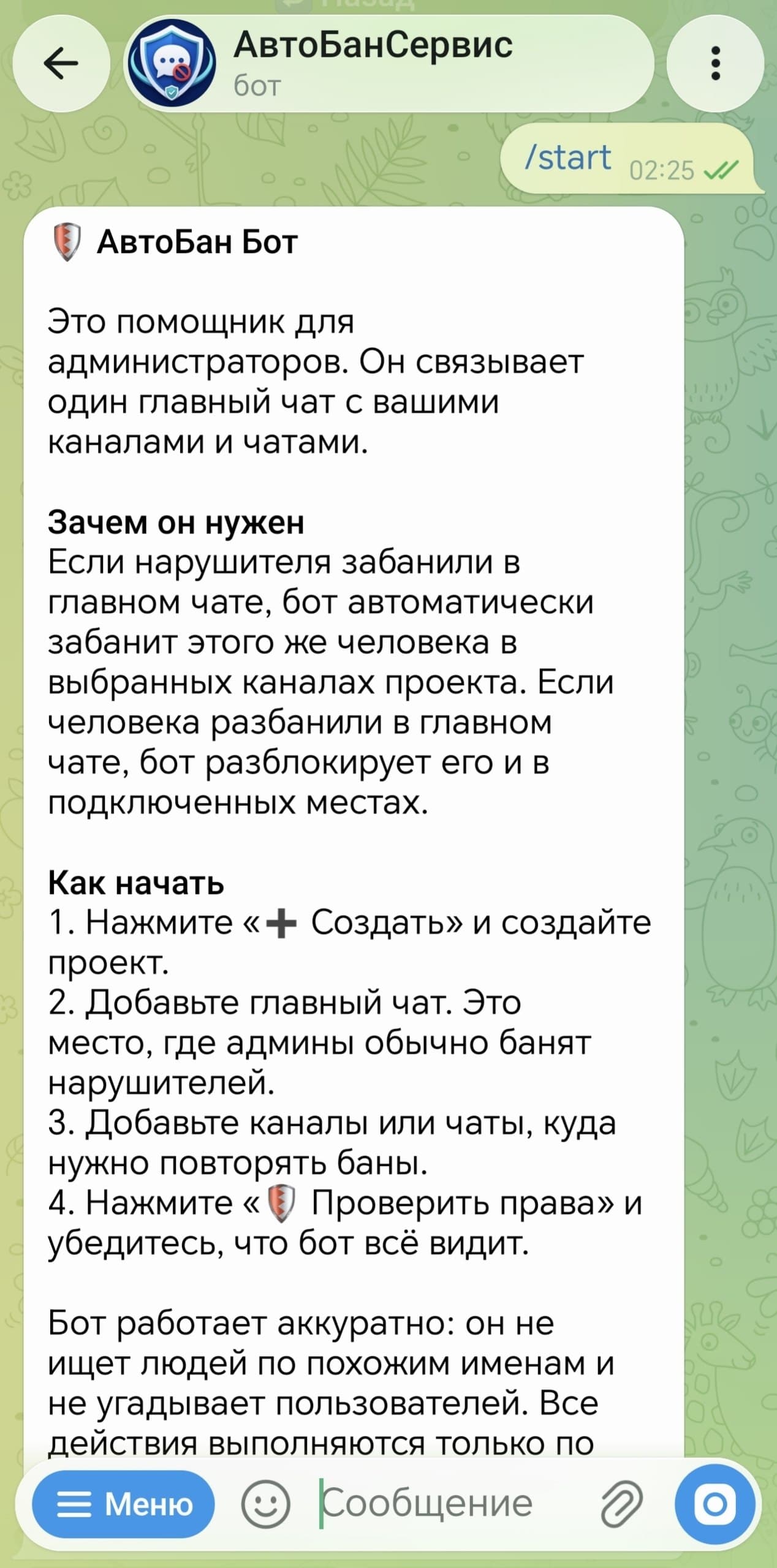 Стартовый экран АвтоБанСервиса с объяснением настройки проекта