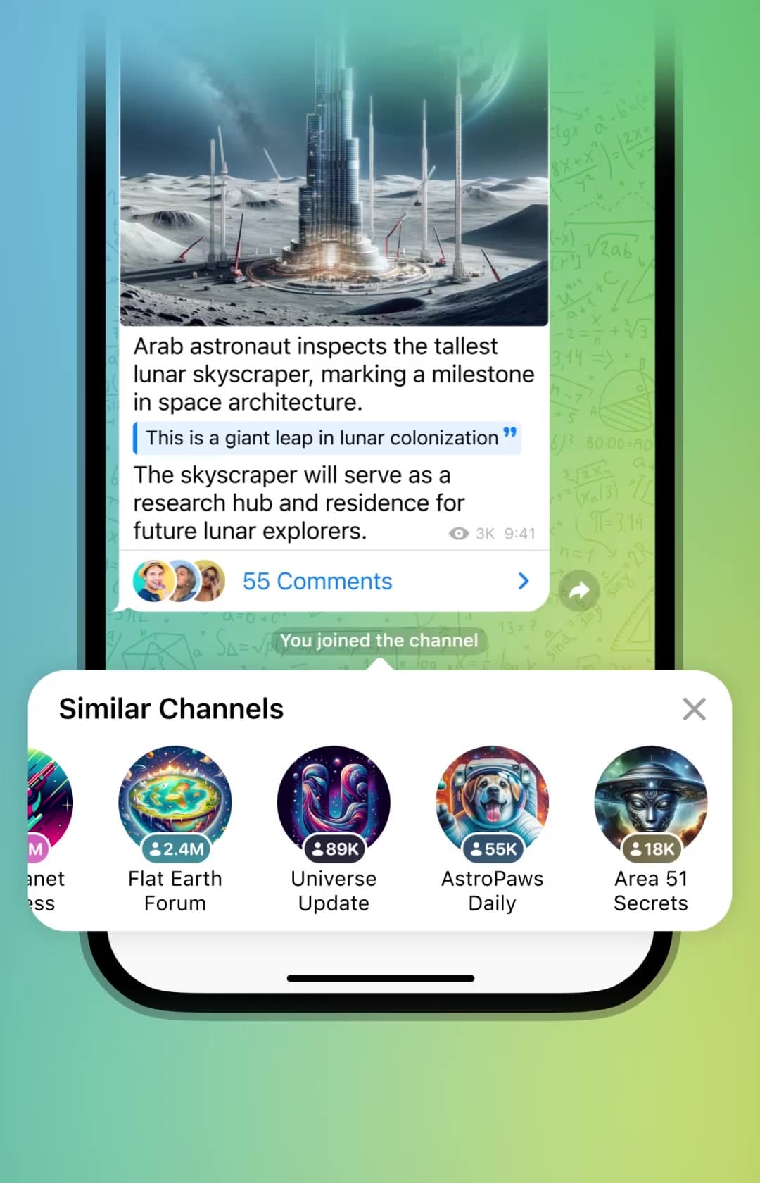 Рекомендации похожих публичных каналов в интерфейсе Telegram