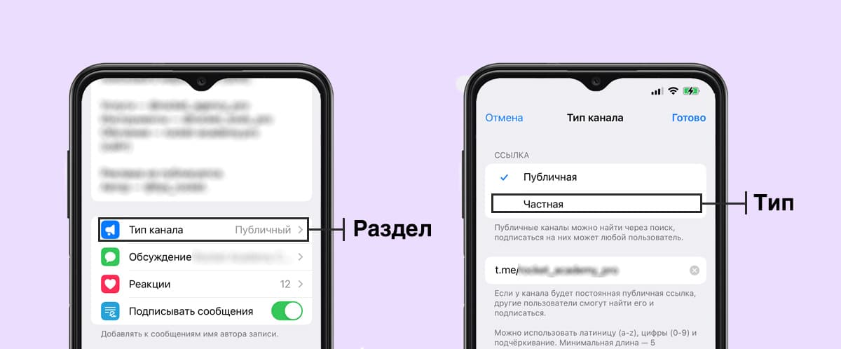 Переход в настройки типа Telegram-канала и выбор публичного или частного режима