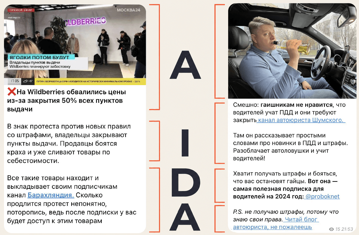 Два старых рекламных поста с выделенными этапами внимания, интереса, желания и действия