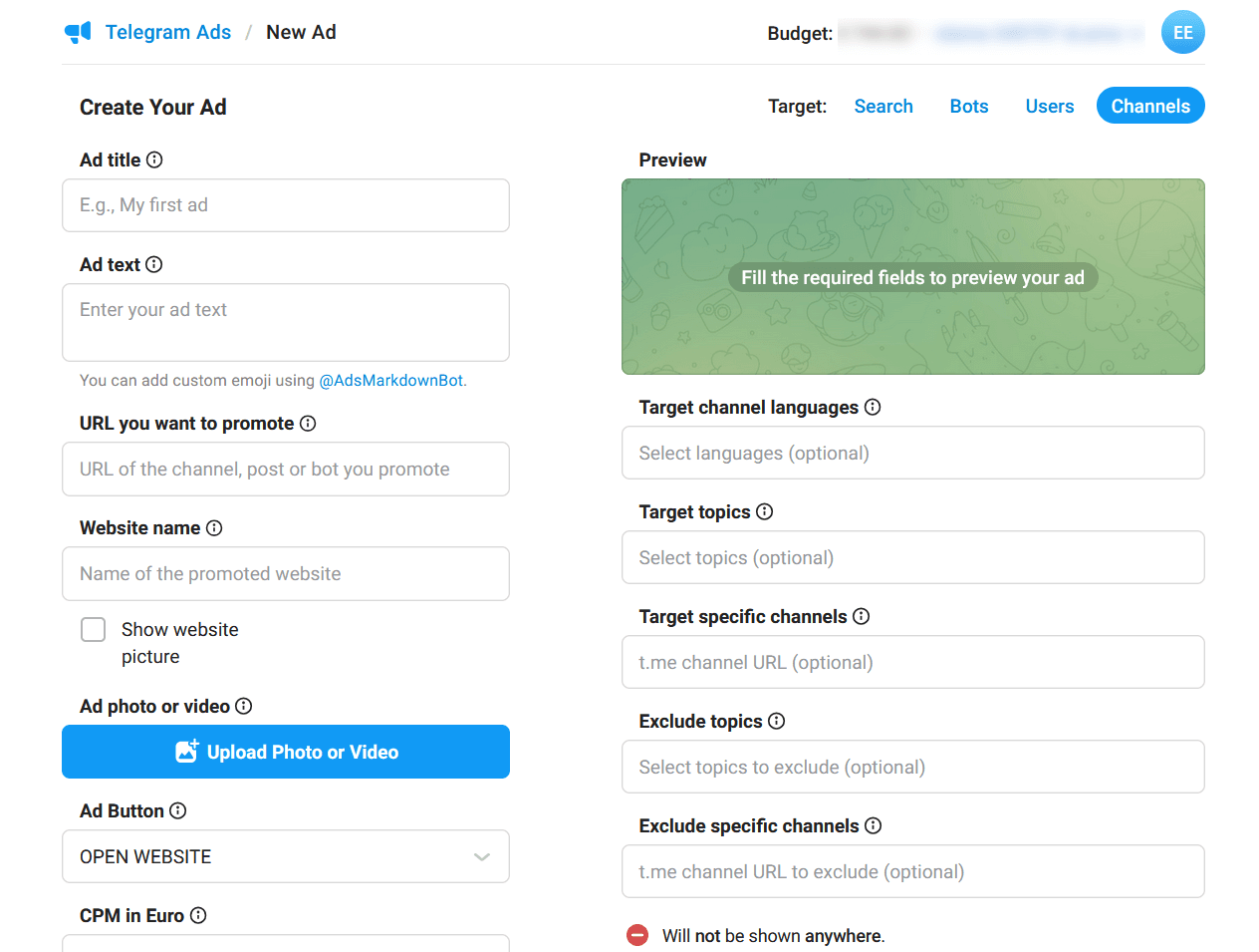 Форма создания объявления Telegram Ads с текстом, ссылкой, бюджетом и таргетингом