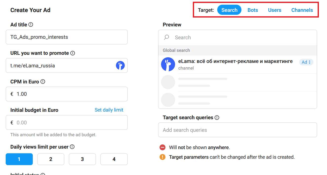 Переключатели таргетинга Telegram Ads на пользователей, каналы, боты и поиск
