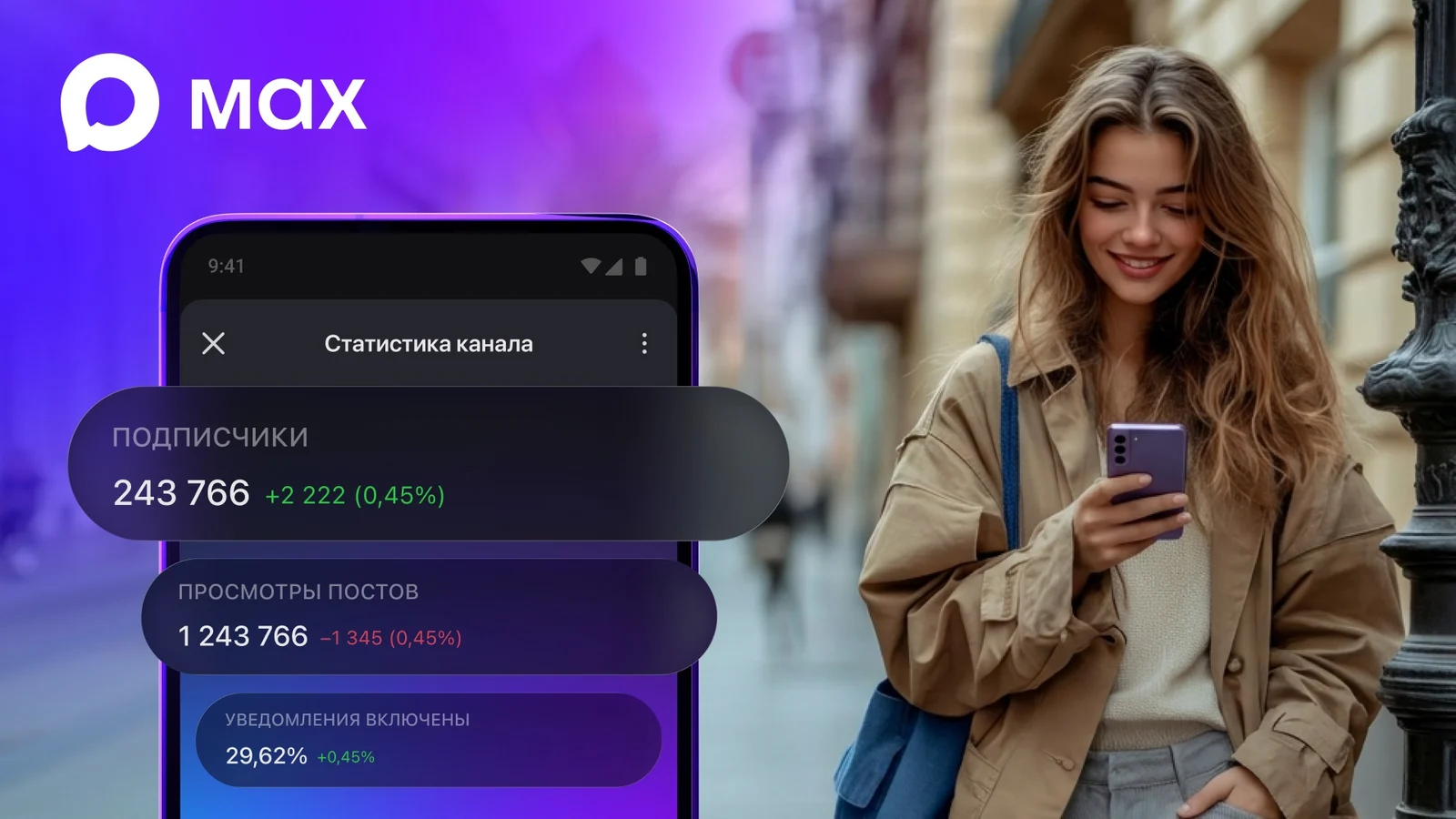 Крупный фрагмент официальной иллюстрации MAX: подписчики, просмотры постов и включённые уведомления